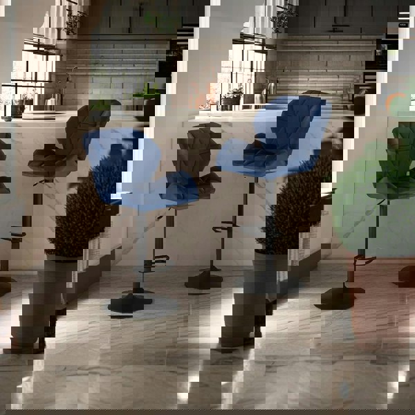 Modcraft Set of 2 Velvet Blue Bar Stools – Adjustable Swivel Dining Chairs with Footrest & Black Steel