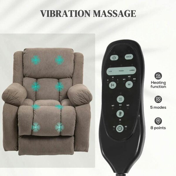 Recliner Armchair Lift Chair, Electric Recliner Chair with Vibration Massage and Heat, Wide Seat, USB Port, Light Brown