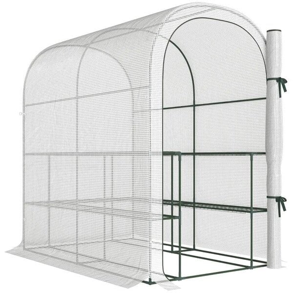 Bobobiy Walk-in Greenhouse with Shelves, Small Greenhouse with PE Cover and Roll-up Door, 123 x 187 x 189 cm, White