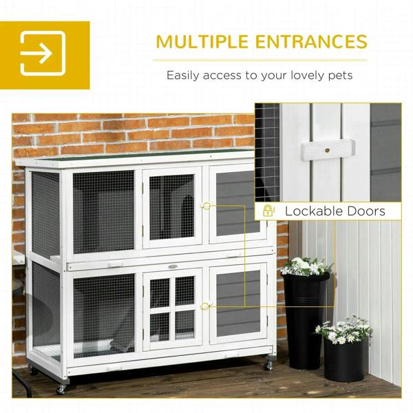 Two-tier wooden rabbit hutch with lockable door panels and wire mesh front sections