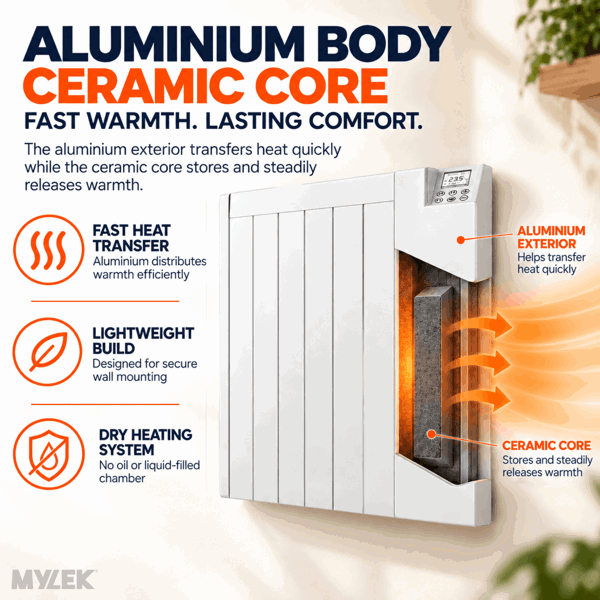 MYLEK Electric Radiator Panel Heater Ceramic White Eco 2000W Bathroom Safe Wall Mounted Or Free Standing With Timer Thermostat