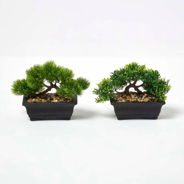 HOMESCAPES Set of 2 Artificial Bonsai Trees in Decorative Pots, 15 cm Tall