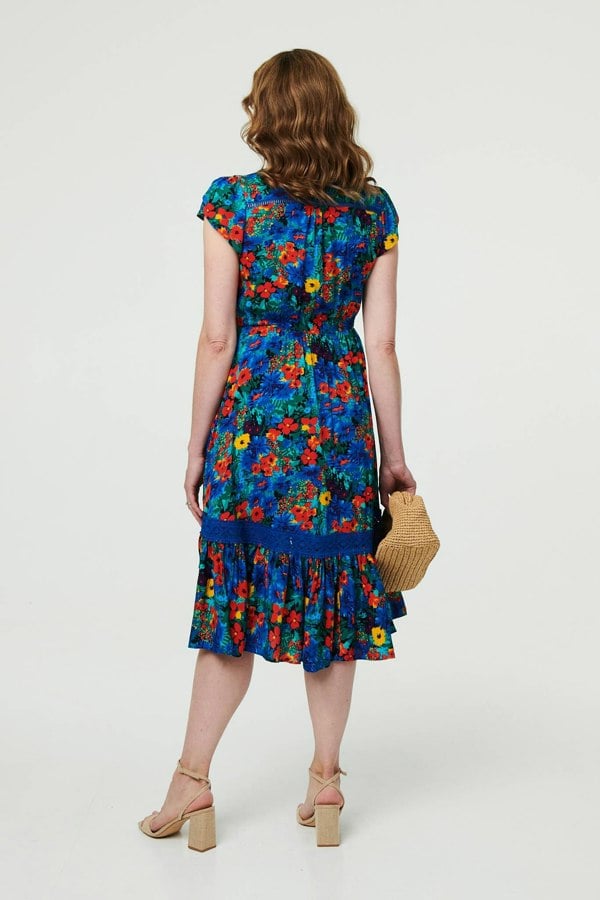 Blue | Floral Lace Trim Cap Sleeve Midi Dress
