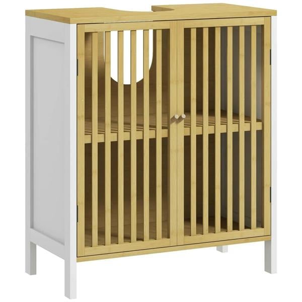 White under-sink cabinet with bamboo slat door and centered cut-out opening