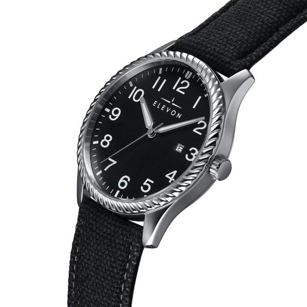 Elevon Crosswind Canvas-Overlaid Leather-Band Watch w/ Date - Black - ELE128-2