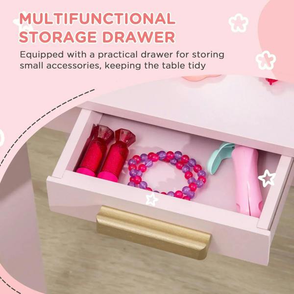 Pink vanity table with open storage drawer holding grooming accessories