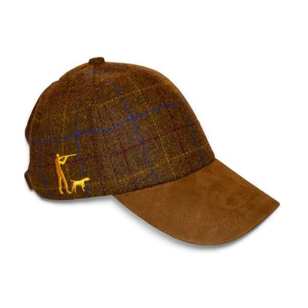 Brown Tweed baseball cap with shooter and gundog embroidery on the side