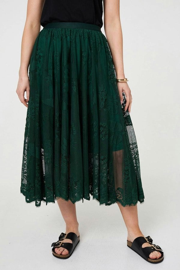 Sage | Floral Semi Sheer Mesh Layer Midi Skirt
