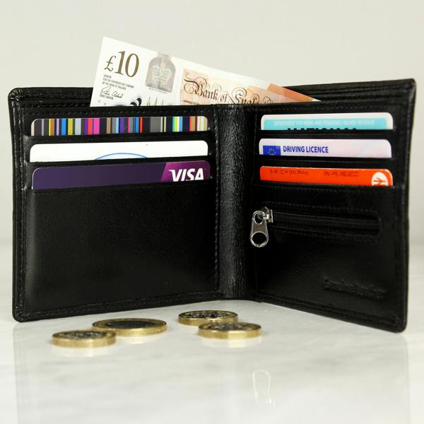 Open black leather wallet showing 6 card slots, notes holder, and a zipped coin pocket.