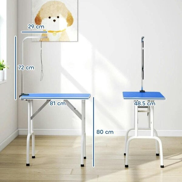 32" Foldable Dog Grooming Table Pet Drying Beauty Table Adjustable Fixed Arm Rubber Top, Blue