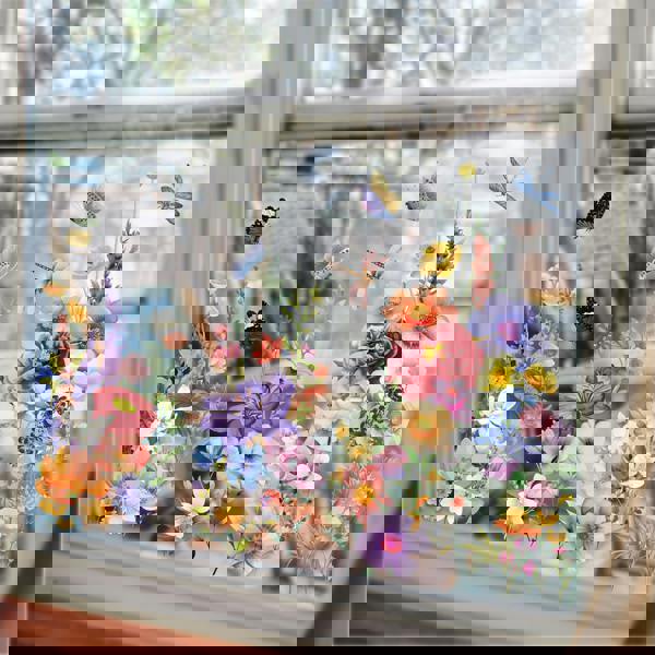 WALPLUS WSW6018 - Colourful Flowers with Dragonflies and Butterflies Window Clings