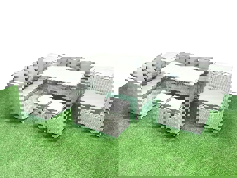 Fimous Rattan Garden Furniture Set 9 Seater Outdoor Sofa Set with Dining Table 2 Side Tables 3 Footstools Light Grey Mixed