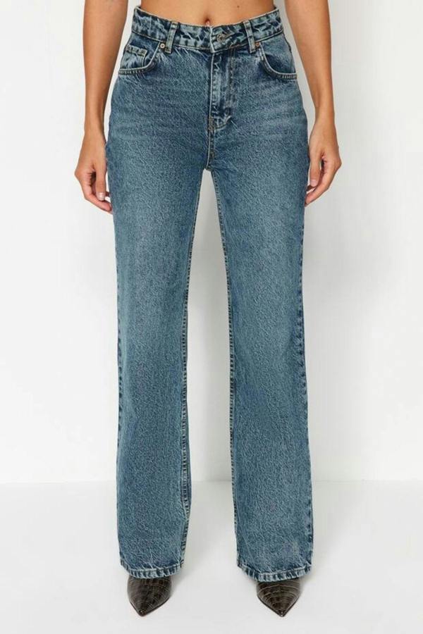 WOVCOR Faded Effect Vintage High-Waisted Wide Leg Jeans
