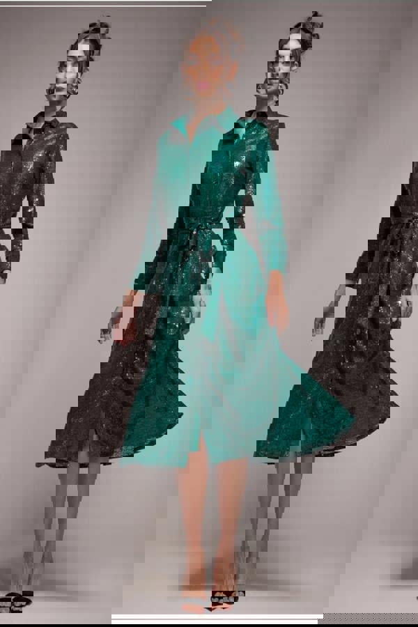 Sequin Skater Shirt Dress - Emerald Green DR4061