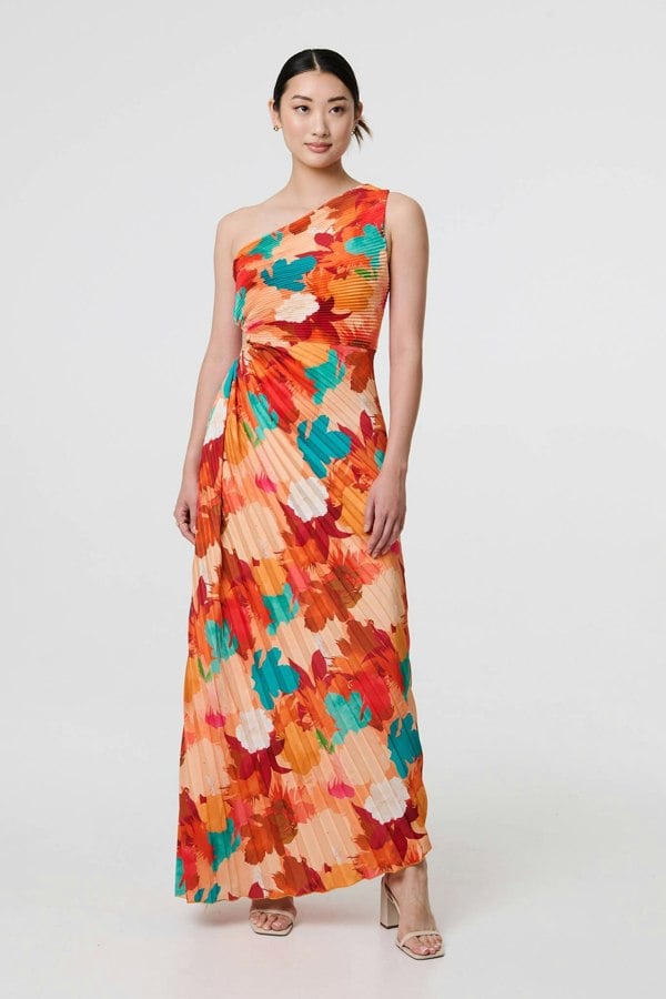 Orange | Floral One-Shoulder Pleated Maxi Dress
