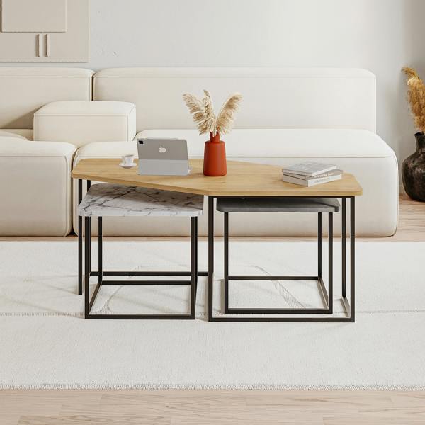Decortie Modern Nesty Coffee Table Nest of 3 Tables Nested Table Engineered Wood w/Metal Legs