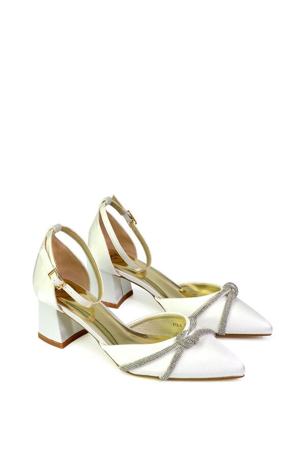 XY LONDON Ankle Strap Pointed Toe Diamante Mid Block Heels