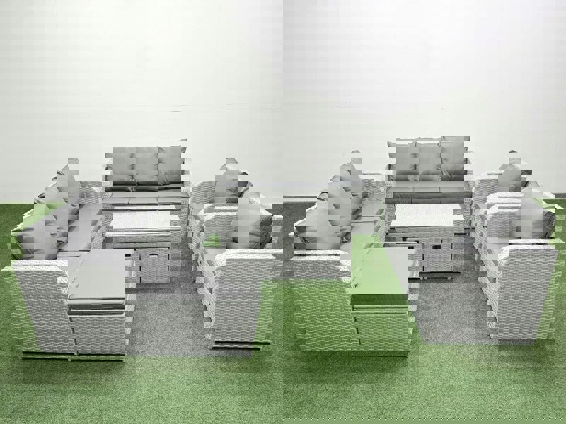 Fimous PE Rattan High Back Lounge Sofa Set Patio Oblong Coffee Table & Chairs Set with 3 Seater Sofa Reclining Chair 3 Stools Light Grey