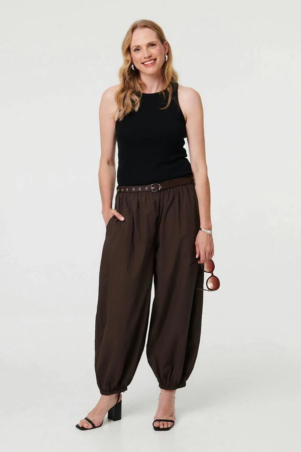 Brown | Belted Relaxed Wide Leg Barrel Trousers