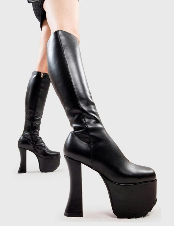 Lamoda Knee High Boots Goodbye Round Toe Platform Zip Black, Chic Boots