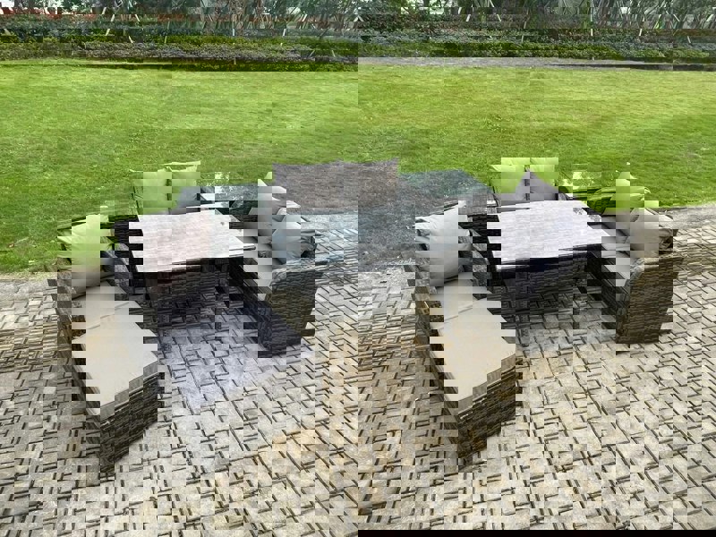 Fimous Lounge Rattan Sofa Set Outdoor Garden Furniture Oblong Rectangular Dining Table With Chairs 2 Side Tables Big Footstool Dark Grey Mixed