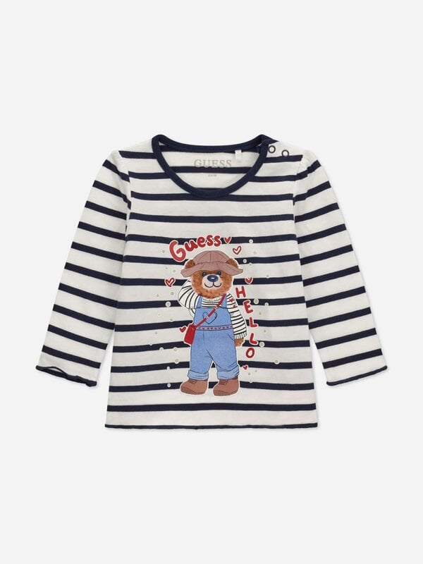 Guess Girls Long Sleeve Striped Bear T-Shirt in Blue