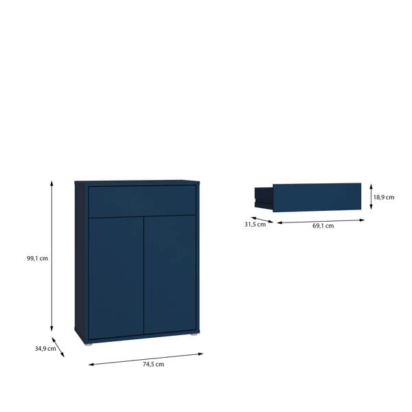 Furniture To Go Alice Springs Compact Shoe Cabinet with 2 Doors Push-to-Open & 1 Drawer Push-to-Open in Night Blue