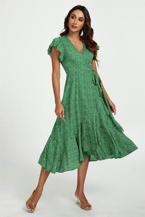 FS Collection Little Floral Frill Sleeve Midi Wrap Dress In Green