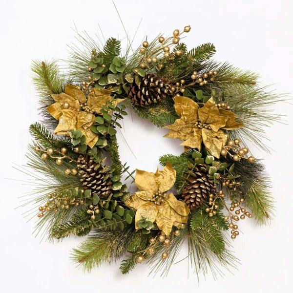 60cm Gold Poinsettia, Berry and Cone Artificial Christmas Wreath for Indoor Display image 1
