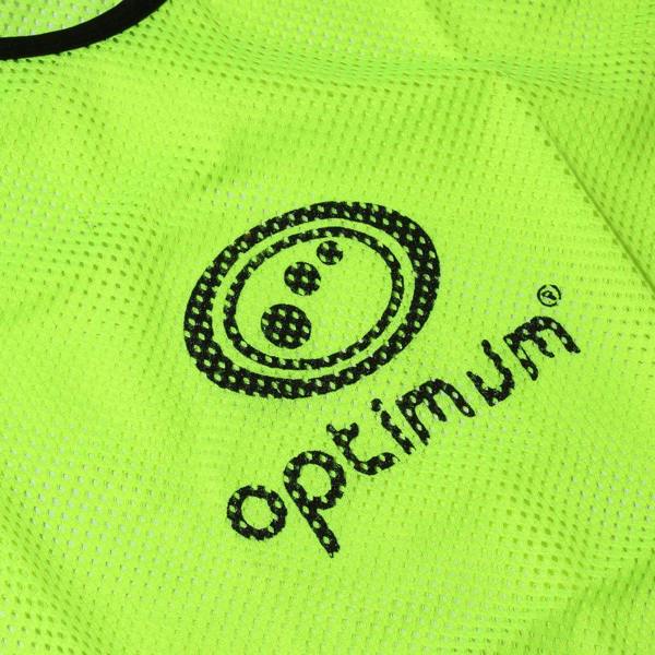 Close-up of black Optimum logo print on fluorescent yellow mesh training bib fabric - Optimum
