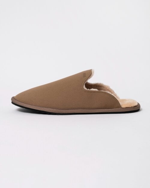 BOSS Orange Mens Shearling-lined slip-on slippers with logo detail - Medium Beige 260