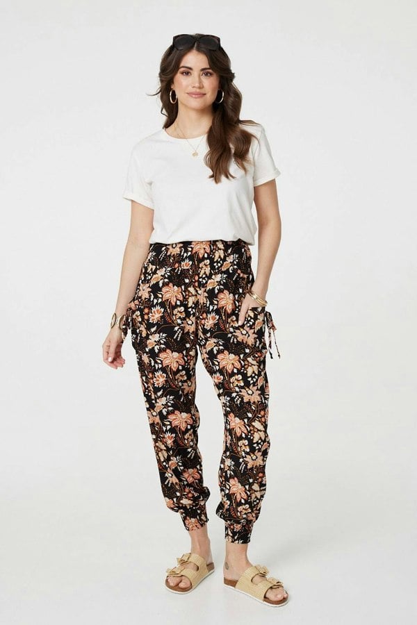 Black | Vintage Floral Shirred Waist Harem Pants