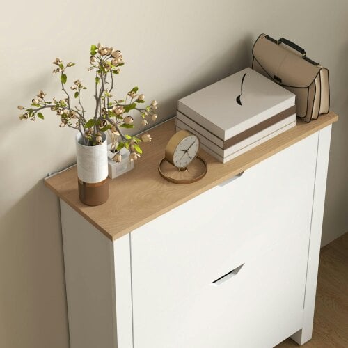 Wyld Haus Sakeno High Gloss White Slim Shoe Cabinet With 2 Flip Drawers For 12 Pairs