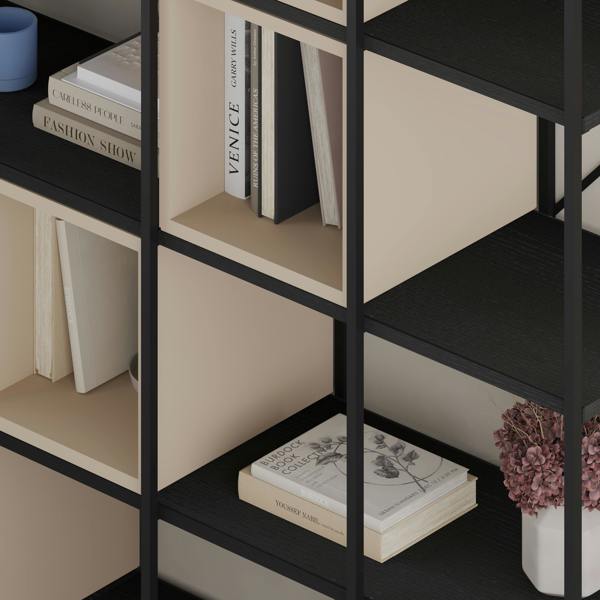 Decortie Modern Vale Mini Bookcase Versatile Display Unit 5-Tier Metal Frame 2 Adjustable Shelf 18mm (Black Wood)