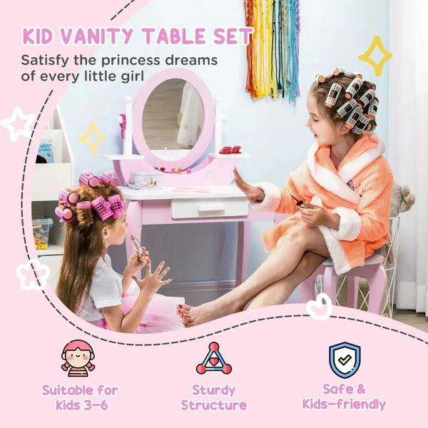 Pink kids vanity table set with round mirror, two children playing