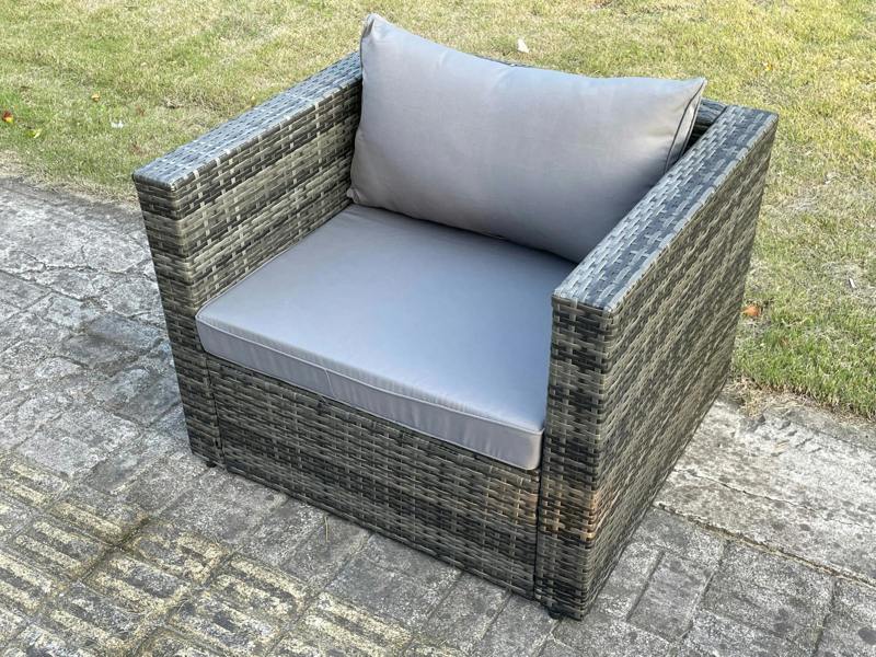 Fimous Outdoor Rattan Single Sofa Chair Garden Furniture With Seat and Back Cushion Dark Grey Mixed