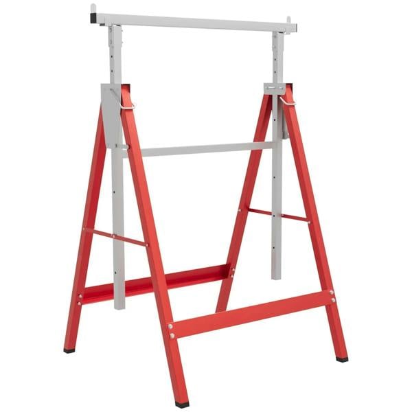 Set of 2 adjustable steel sawhorses with red frames and gray folding legs, rectangular top bars