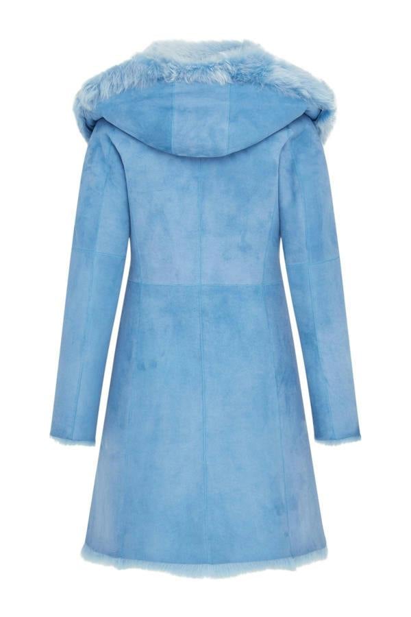 Infinity Leather Womens Blue Toscana Sheepskin Suede Leather Hooded Trench Coat - Aura