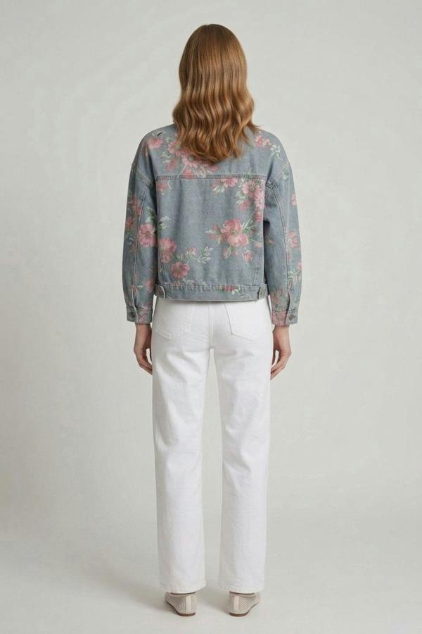 Blue | Floral Print Boxy Denim Jacket
