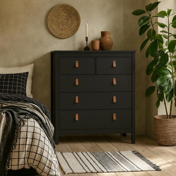 Wyld Haus Wildberry Matt Black Chest 5 Drawers Leather Handles
