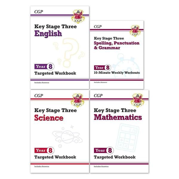 CGP KS3 Year 8 Workbook Bundle – Ages 12-13 (Maths, English, Science, Spelling Punctuation and Grammar)