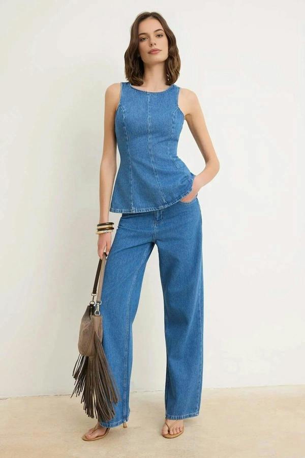 WOVCOR Strappy 100% Cotton Denim Blouse