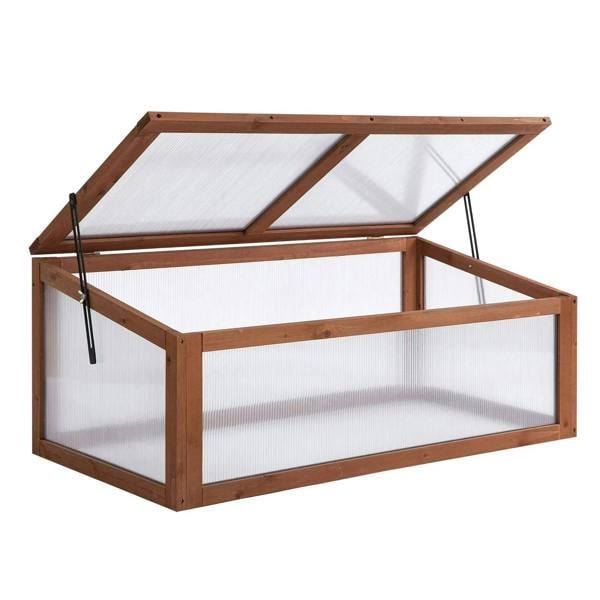 Brown wooden cold frame with openable hinged polycarbonate top cover