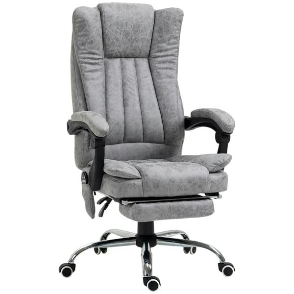 Grey microfibre reclining office chair with footrest, armrests, and swivel base