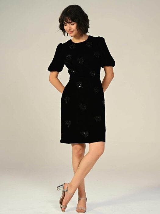 Rose & Nancy Rosheen Black Velevt Hand Embellished Heart Mini Dress