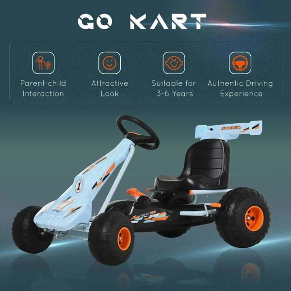 Light blue kids pedal go-kart with black seat, orange wheels, steering wheel, and front profile