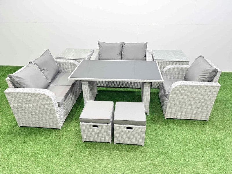 Fimous Rattan Sofa Outdoor Furniture with Dining Table,2 Side Tables,Love Sofa,2 Small Stools Patio Furniture Light Grey 7 Seater