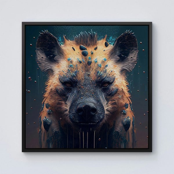 Warren Reed Hyena Face Splash Art Dark Background Framed Canvas