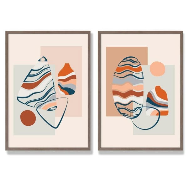 Sage Green Geometric Pineapple Fruit Set of 2 Art Prints with Walnut Frame