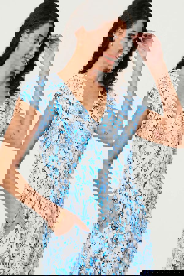 Blue | Floral Border Cap Sleeve Maxi Dress
